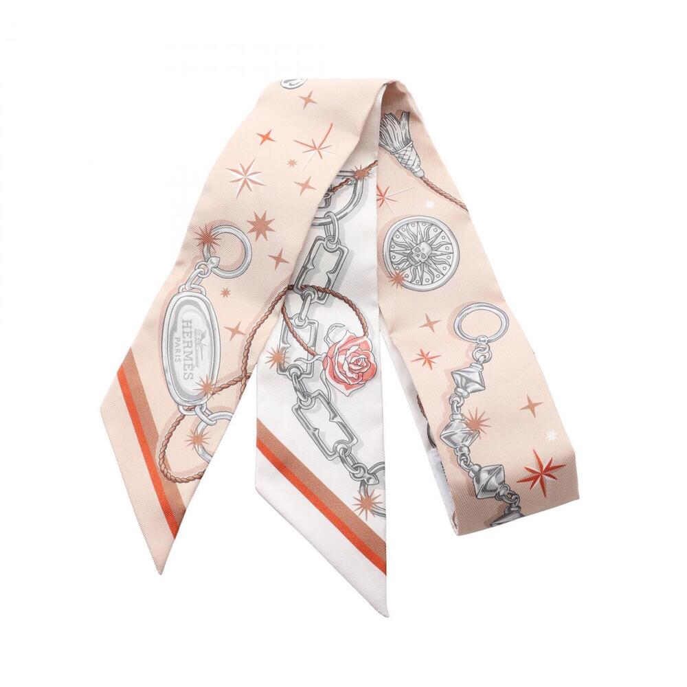 Hermes Twilly C'EST LA FETE Ribbon Scarf Muffler Silk Women's Beige Multicolor